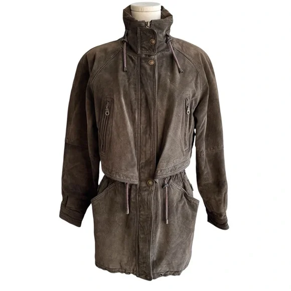 Vintage 80s Brown Suede Utility Coat Womens S Leather Longline Safari Distressed - Picture 2 of 16